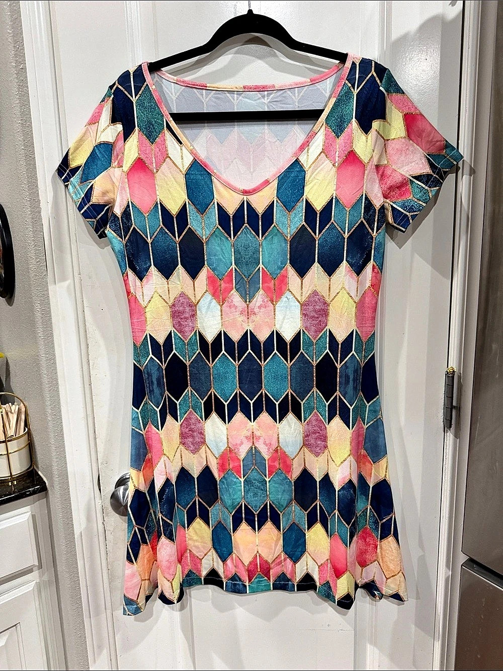 Geometric Mini Dress in Blue & Pink Size Large